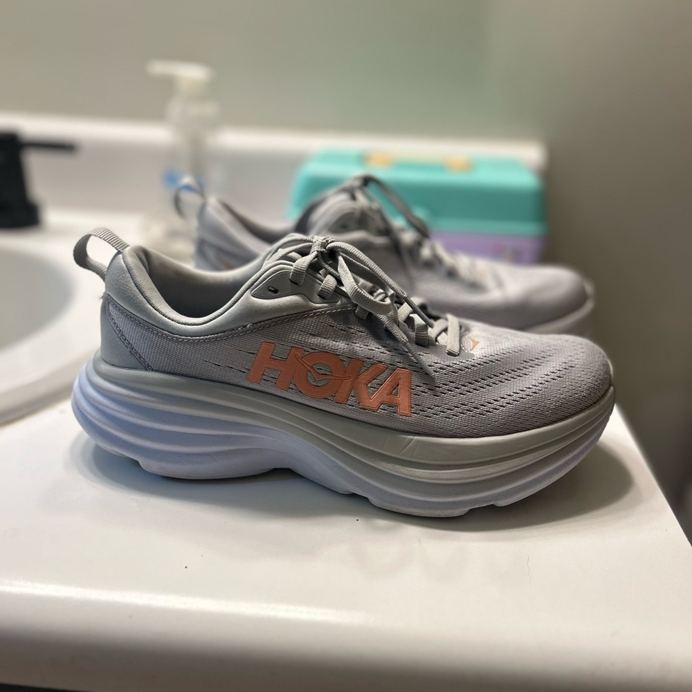 Hoka Bondi 8 in Harbor Mist and Lunar Rock Gray Athletic Shoes Width B - Picture 4 of 13